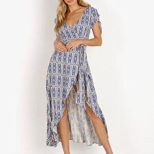 Cleobella Almudena Printed Wrap Dress Azure, Size XS